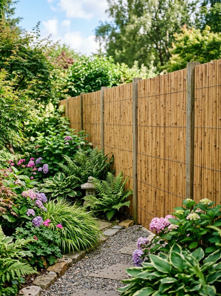 Beautiful rustic bamboo garden fence roll as natural organic boundary and screen with textured bamboo display in naturalistic garden 