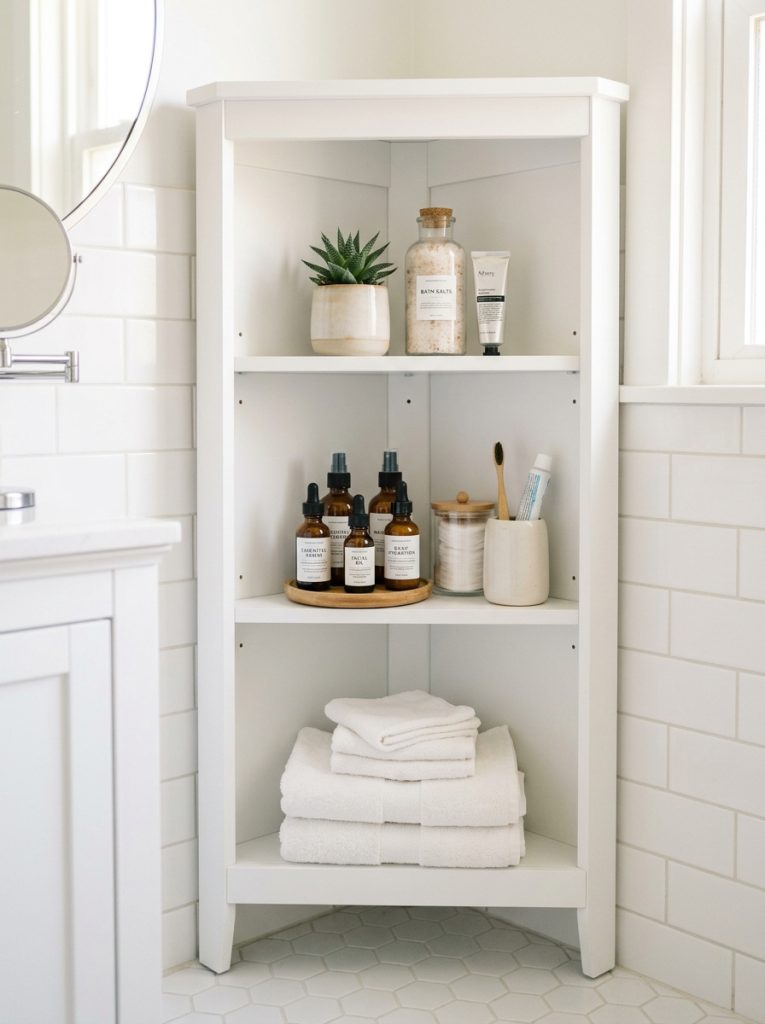  Bathroom corner cabinet with tiered organizer holding toiletries skincare and small towels