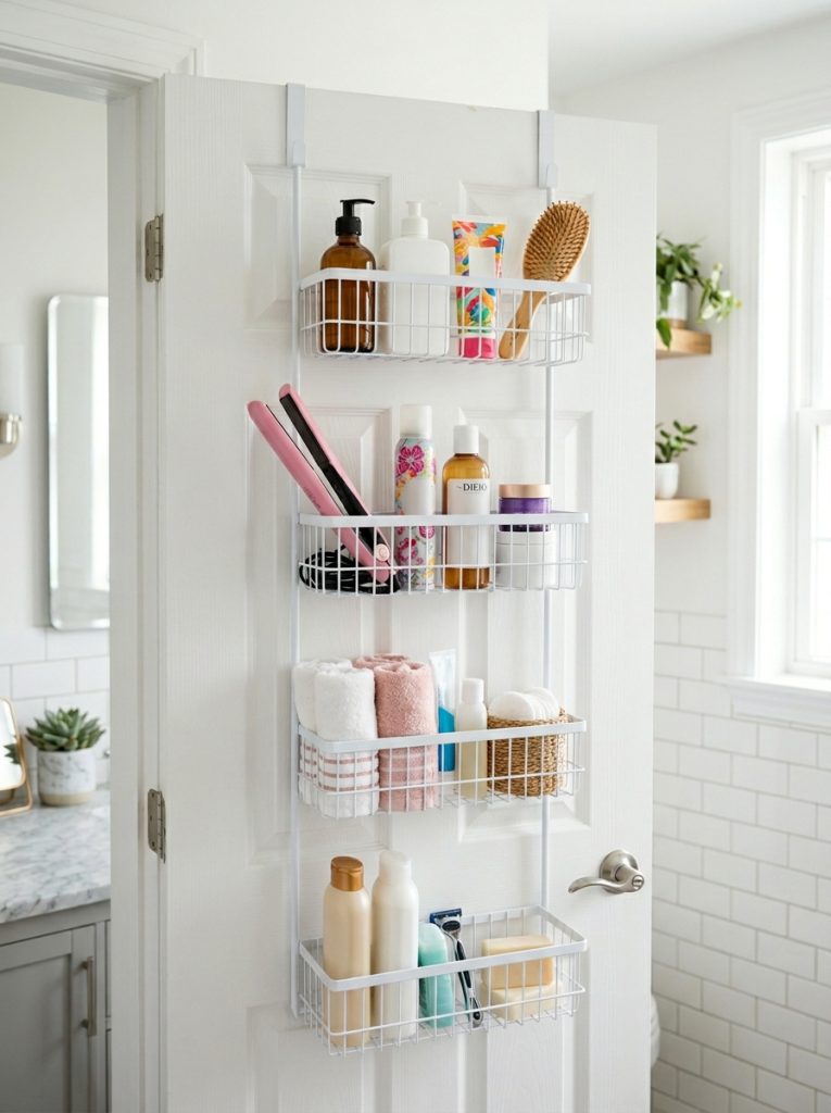 Bathroom door with over door caddy holding toiletries skincare bottles and hair tools neatly