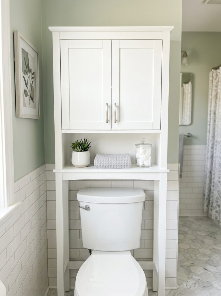 Beautiful bathroom storage cabinet over toilet with elegant vertical cabinet neatly organized essentials behind closed doors space-efficient 