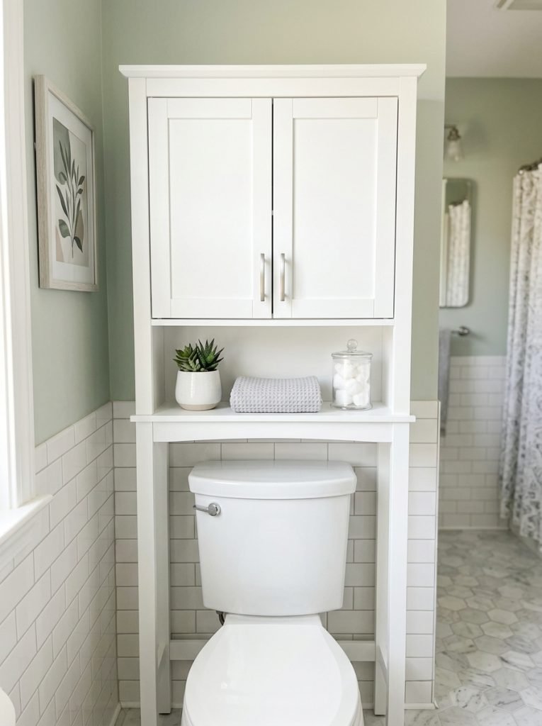 Beautiful bathroom storage cabinet over toilet with elegant vertical cabinet neatly organized essentials behind closed doors space-efficient