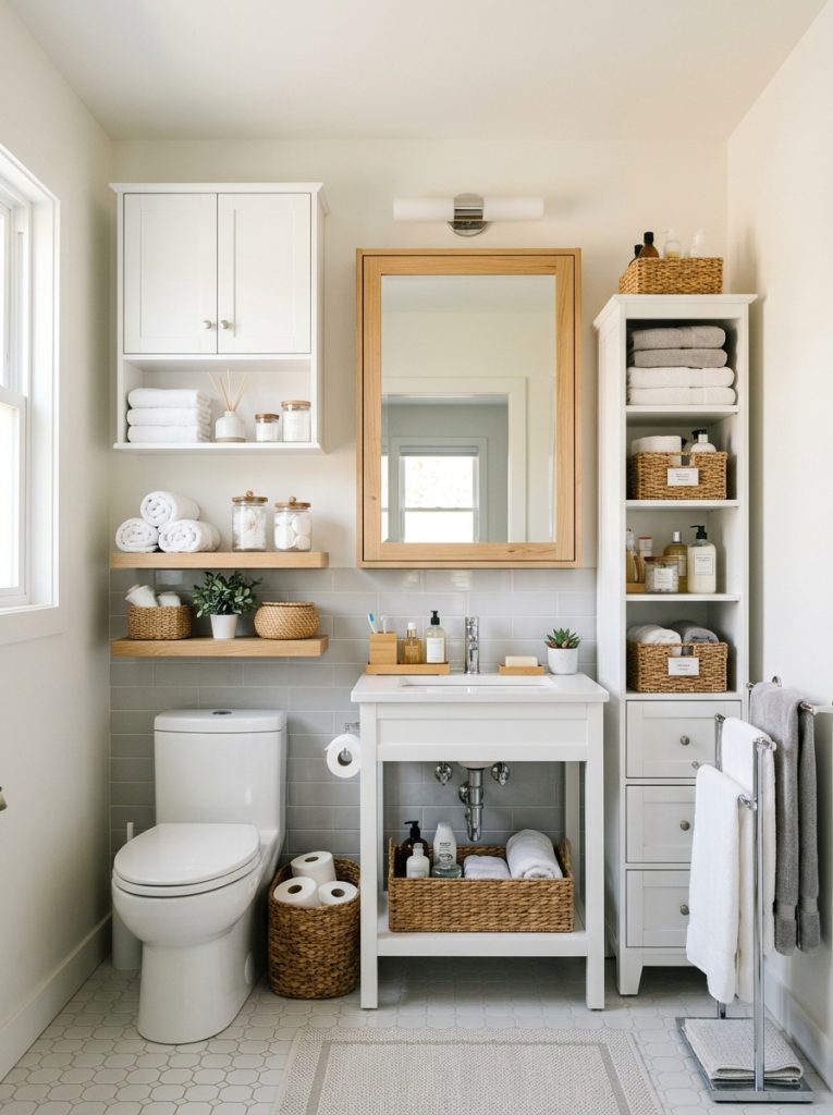  Complete bathroom storage collection with over-toilet cabinet floating shelves wicker baskets towel rack under-sink organizer counter and mirror cabinet 