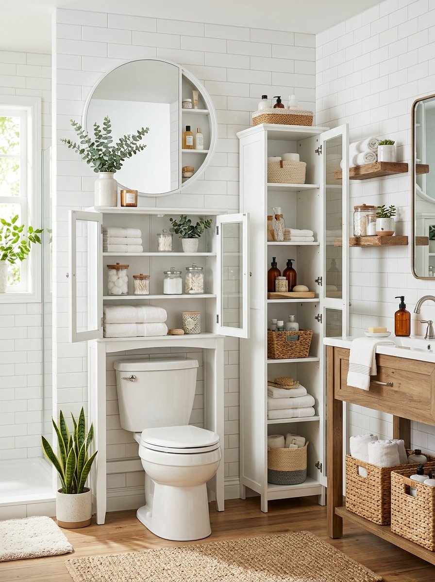 Beautiful bathroom storage ideas with over-toilet cabinet floating wall shelf wicker baskets hidden mirror cabinet and tall narrow tower in styled bathrooms