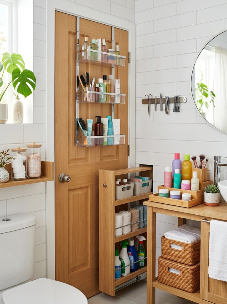 Brilliant clever space-saving bathroom storage with door organizers magnetic strips pull-out drawers narrow gap stackable multi-level solutions 