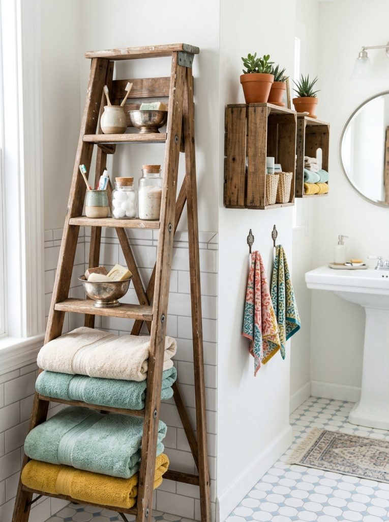 Beautiful unique bathroom storage with vintage furniture repurposed unconventional containers creative wall storage and inventive organization ideas