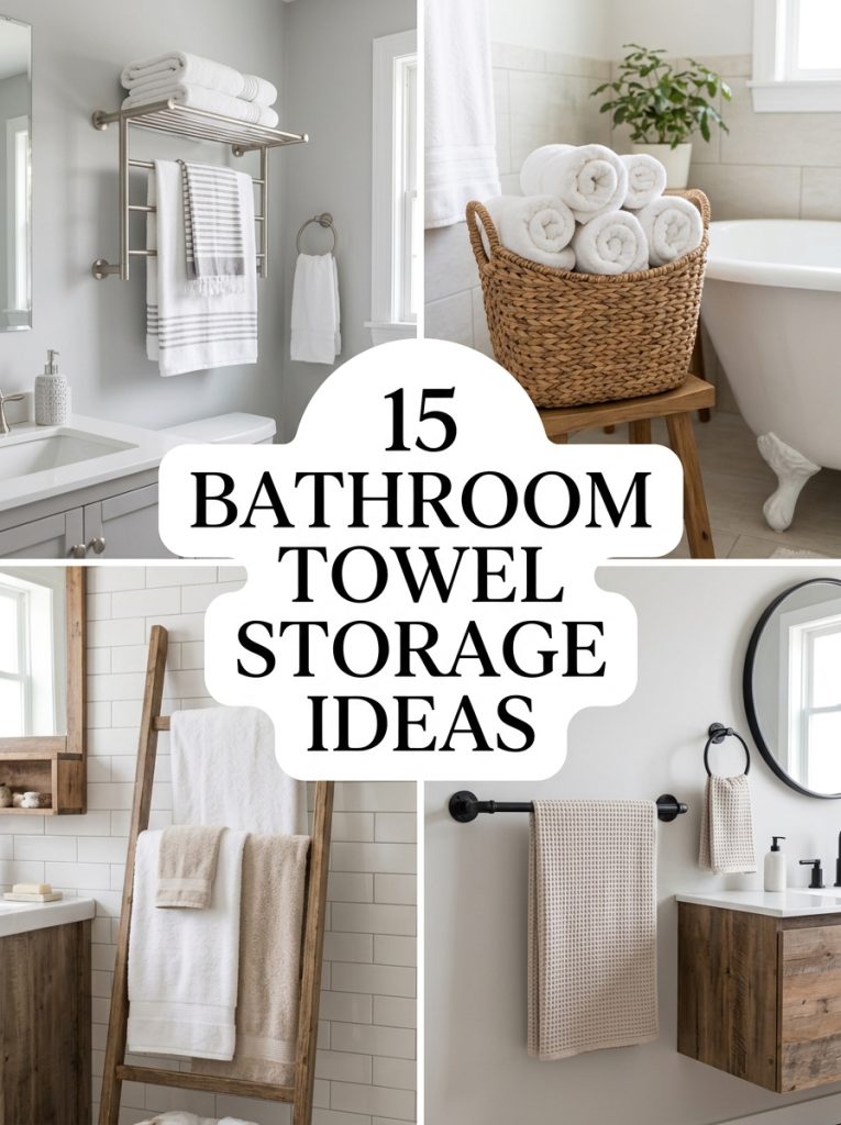 Pinterest collage showing 15 bathroom towel storage ideas for wall basket shelf cabinet and farmhouse styles