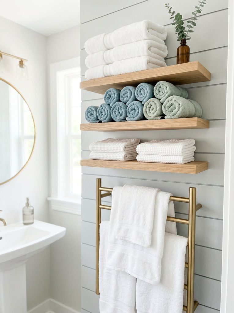Beautiful bathroom towel storage rack wall with mounted systems displaying beautifully folded rolled towels in organized styled bathroom