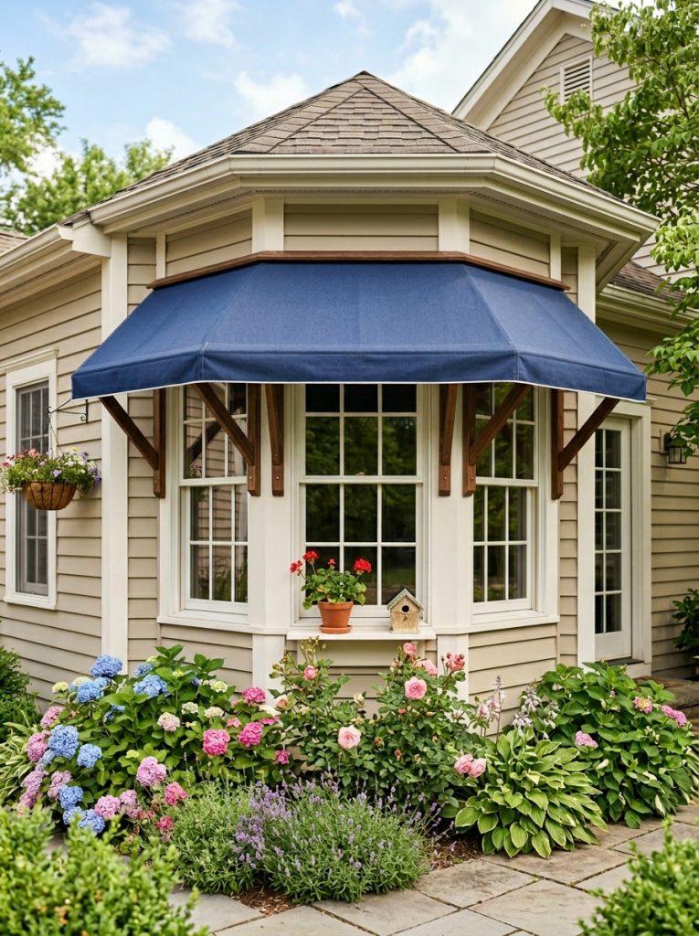 Beautiful bay window awning DIY with angled design following three-faceted bay window profile as continuous awning across all sections 