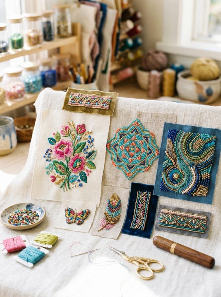 Stunning beaded embroidery with thread and colorful seed beads creating floral geometric and abstract beaded designs on fabric