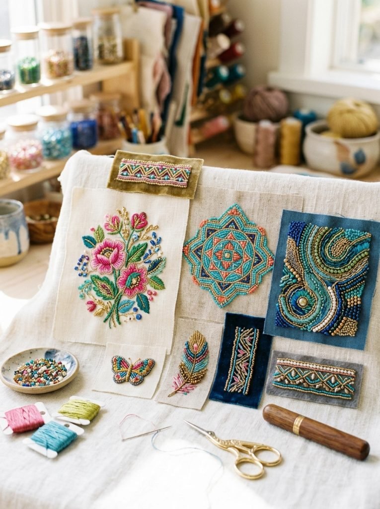 Stunning beaded embroidery with thread and colorful seed beads creating floral geometric and abstract beaded designs on fabric