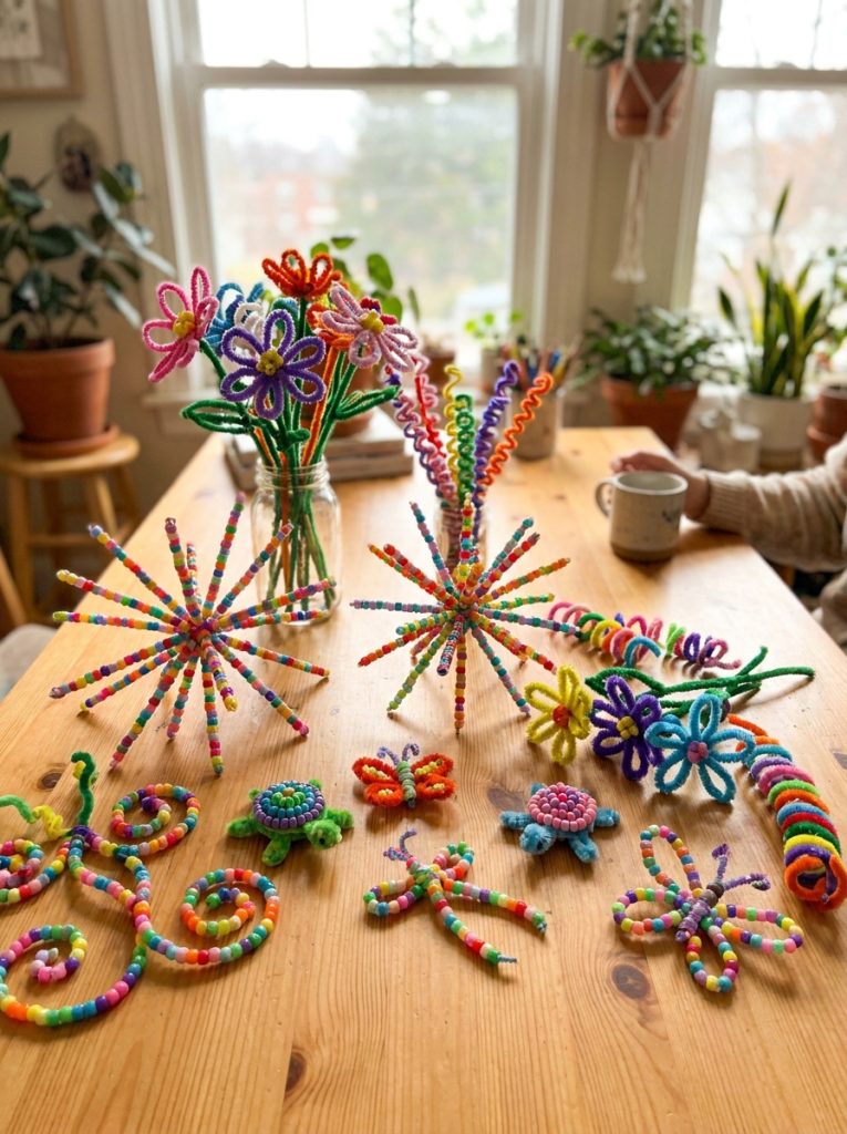 Beautiful beaded pipe cleaner crafts with colorful beads threaded onto pipe cleaners shaped into flowers stars and animals