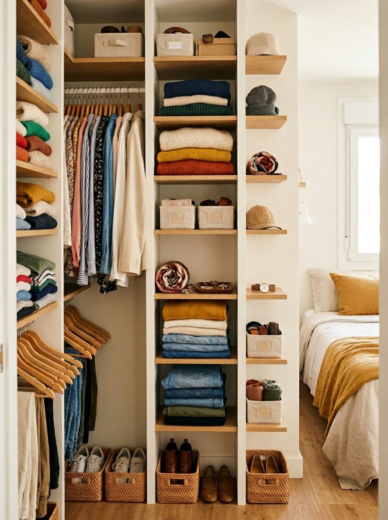  Fabric drawer insert organizer on closet shelf holding small accessories and socks