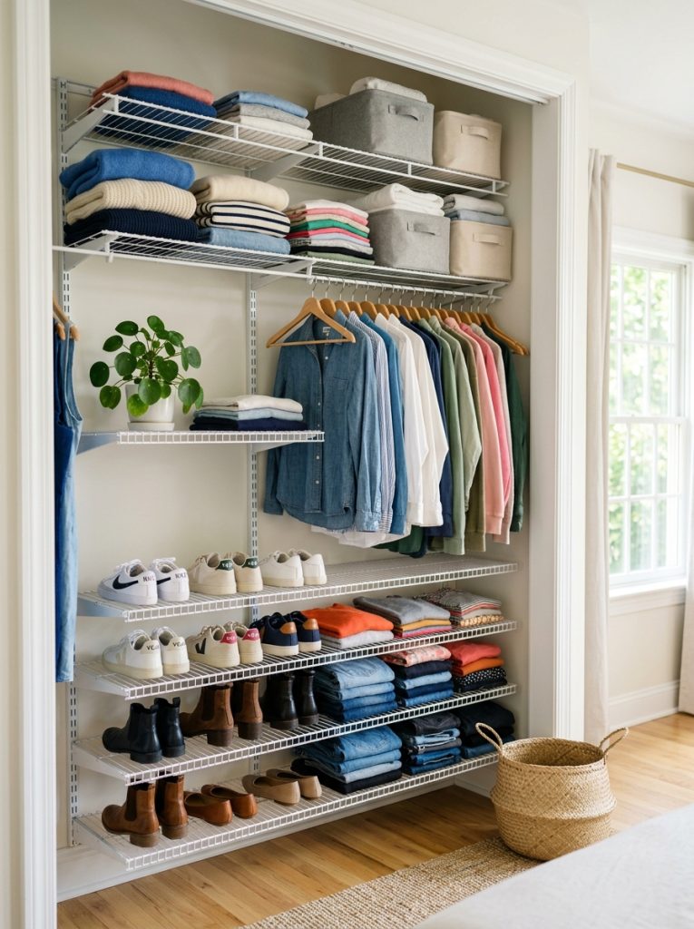 White wire shelving system inside a bright organized bedroom closet
