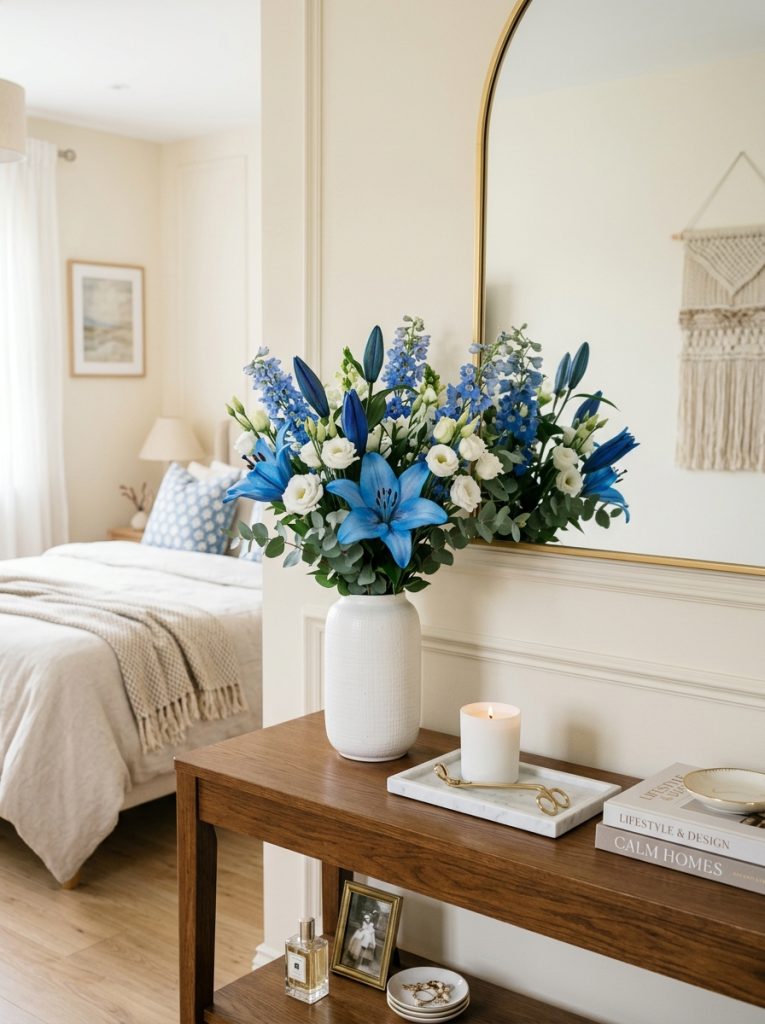 Beautiful bedroom console with blue flowers lilies tall white ceramic vase cool azure blooms marble tray and white candle