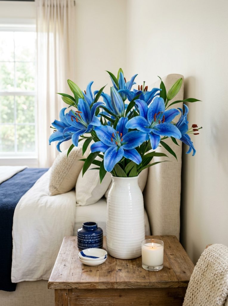 Beautiful bedroom corner with blue stargazer lilies tall white ceramic vase navy white ceramics and minimal candle