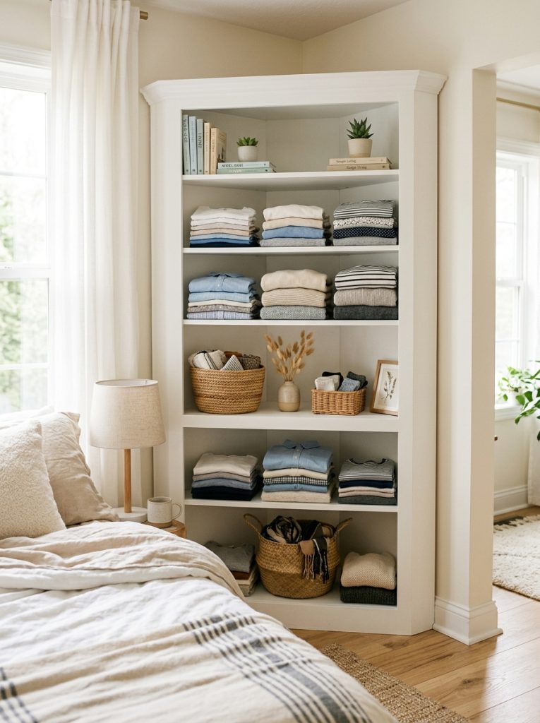 Bedroom corner cabinet with neatly organized folded clothes small baskets and books on shelves