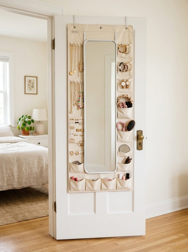 Bedroom door with full length over door mirror organizer with side pockets for jewelry and accessories