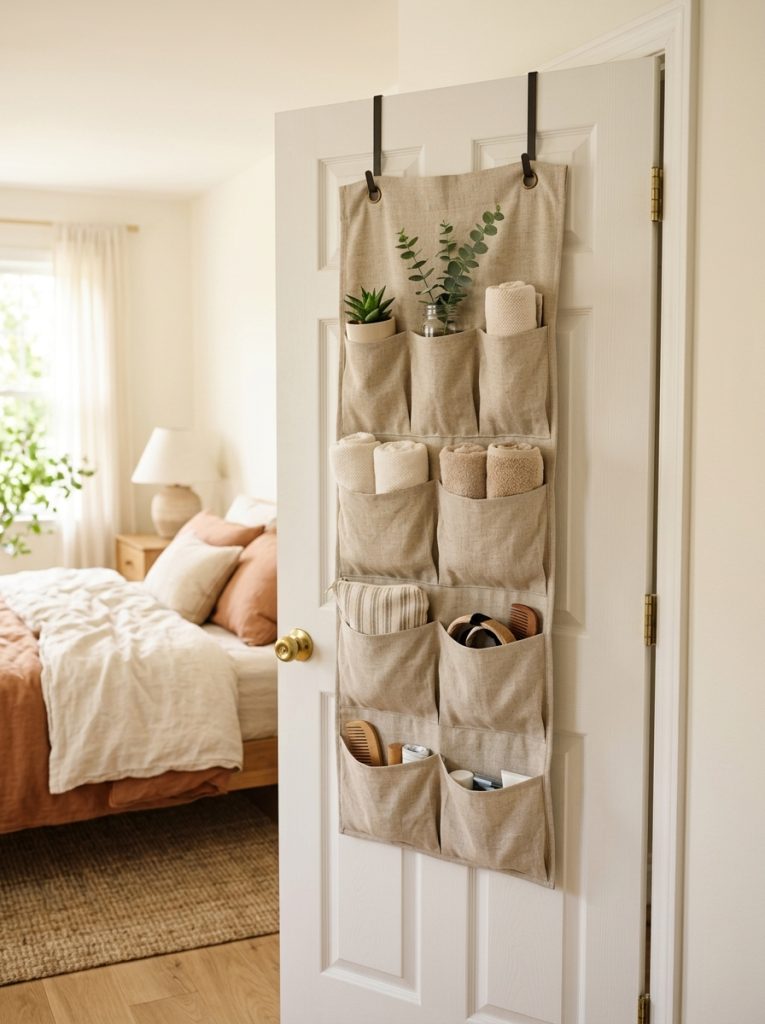  Aesthetic linen over door organizer on bedroom door with folded items and small plants in pockets