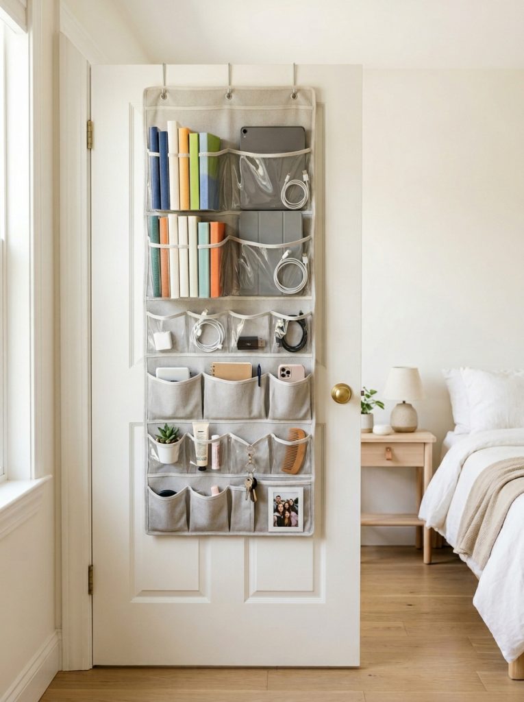  Bedroom door with large over door pocket organizer holding books tablet chargers and personal items
