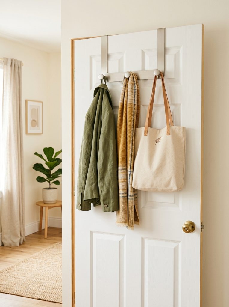 Bedroom door with single over door hook rail holding bag scarf and jacket neatly and simply