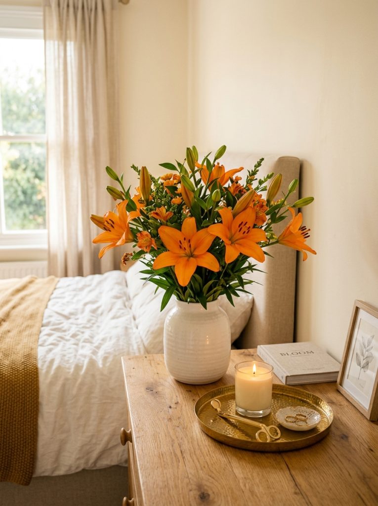 Beautiful warm bedroom dresser with orange lilies white ceramic vase gold tray cream candle warm natural lighting