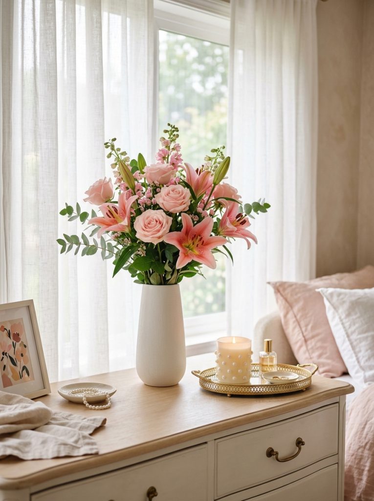 Beautiful bedroom dresser with pink flowers lilies white ceramic vase blush rose pink blooms gold tray pearl candle
