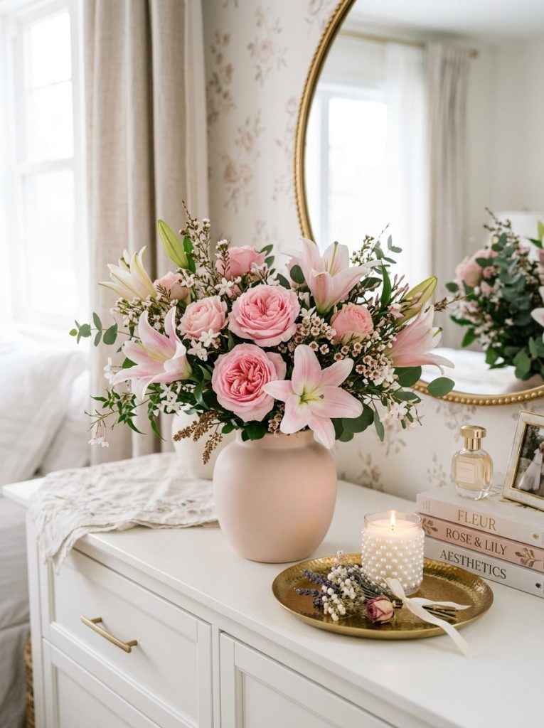 Beautiful bedroom dresser with pink rose lilies arrangement blush ceramic vase gold tray pearl candle and dried flower sprig