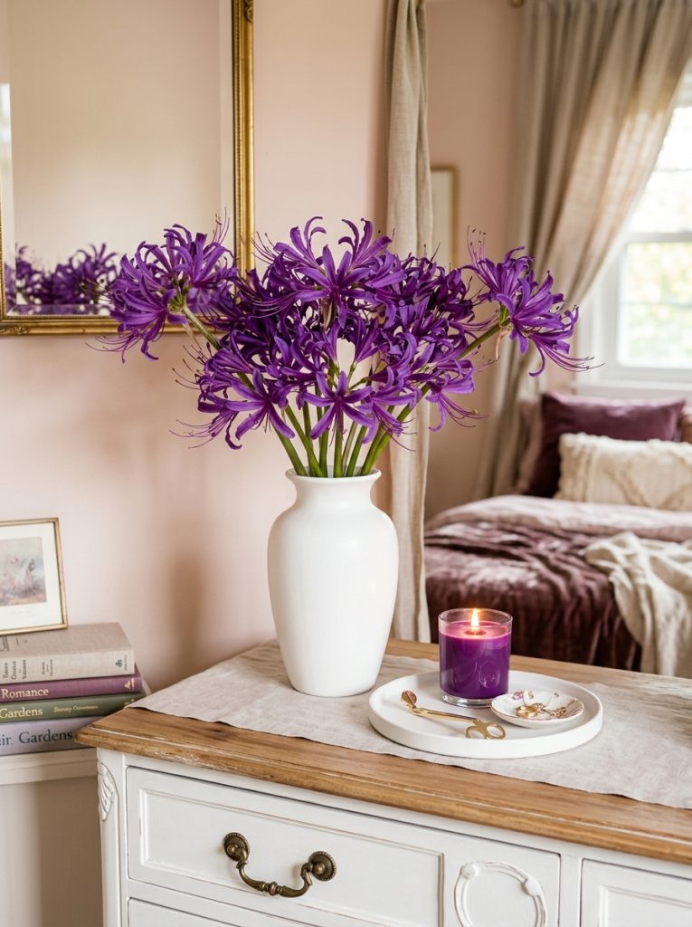 Beautiful romantic bedroom dresser with purple spider lilies tall white vase long violet radiating petals purple candle white tray