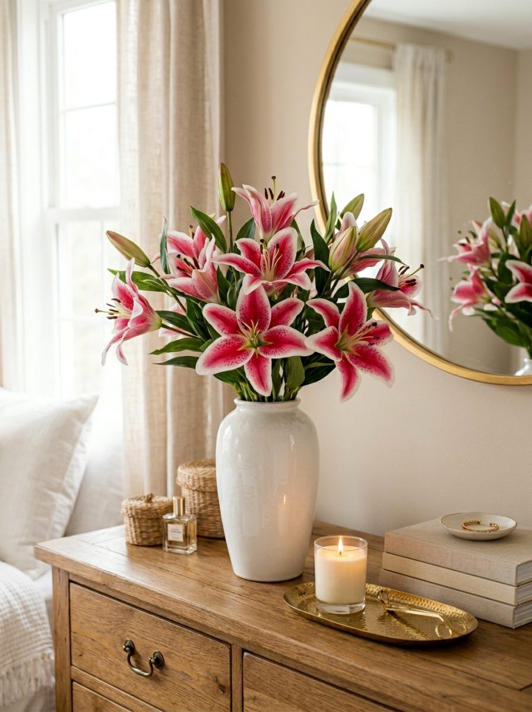 Beautiful bedroom dresser with stargazer lilies bouquet tall white ceramic vase dramatic pink white blooms and gold tray candle