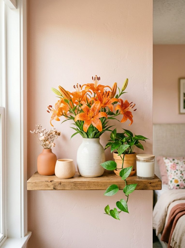Beautiful bedroom shelf with pink tiger lilies decor piece blush ceramics white candle and trailing plant