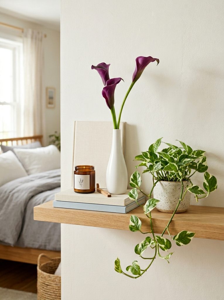 Beautiful bedroom shelf with purple calla lilies stem white bud vase lavender candle art book and trailing plant