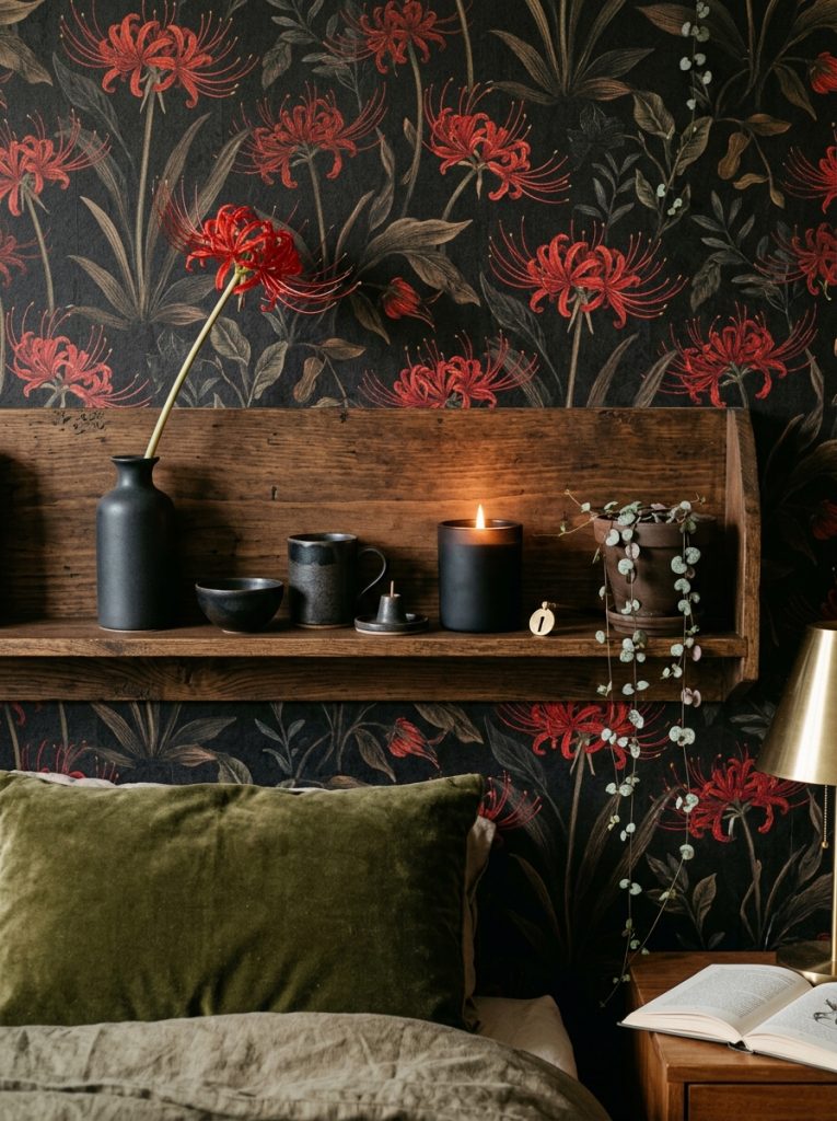Beautiful moody aesthetic bedroom shelf with spider lily stem dark vase spider lilies wallpaper behind dark ceramics black candle