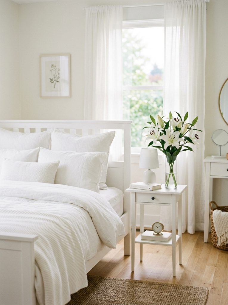 Soft beautiful bedroom with white rose lilies bouquet clear glass vase white bed crisp bedding and sheer white curtains