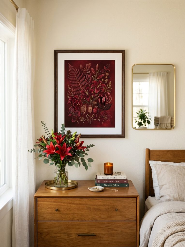  Beautiful bedroom wall with dark red botanical framed print wooden dresser red lily bouquet and gold mirror.