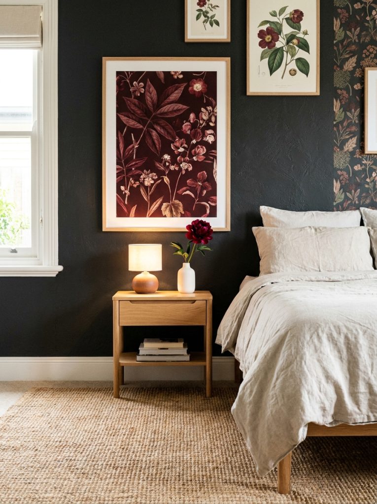 Beautiful bedroom wall with dark red botanical framed print wooden bedside table lamp and single red flower