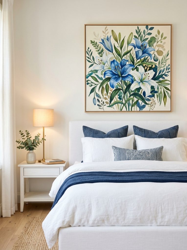  Beautiful bedroom with blue lilies painting above white bed navy white bedding and slim bedside lamp