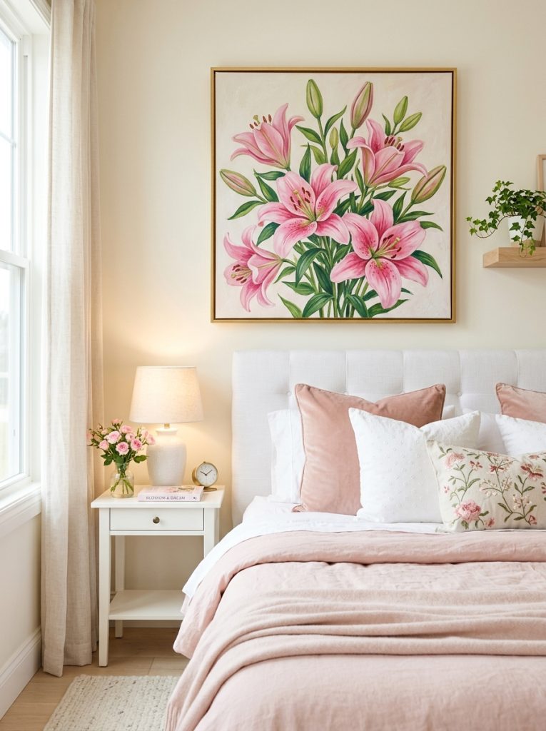 Beautiful bedroom with pink lilies painting above white upholstered bed blush bedding and white bedside lamp.