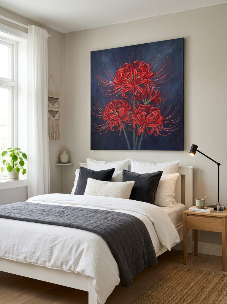  Beautiful bedroom with spider lilies painting above white bed dark grey white bedding and slim black bedside lamp