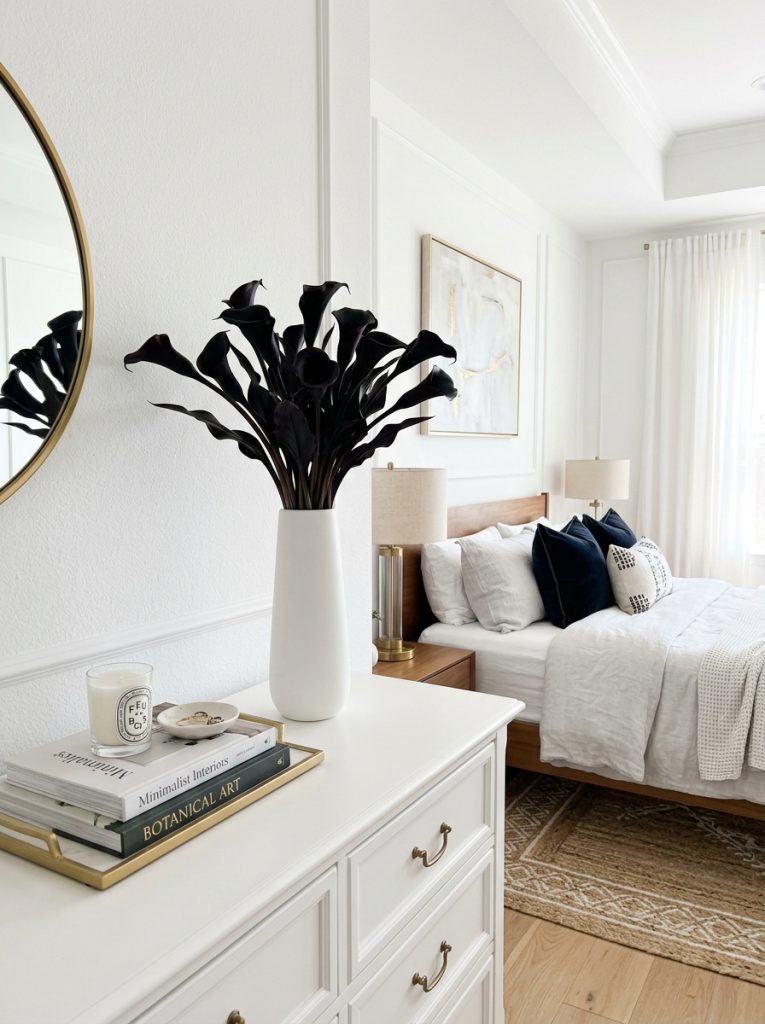 Beautiful dramatic bedroom with black calla lilies in slim white vase on white dresser striking botanical contrast