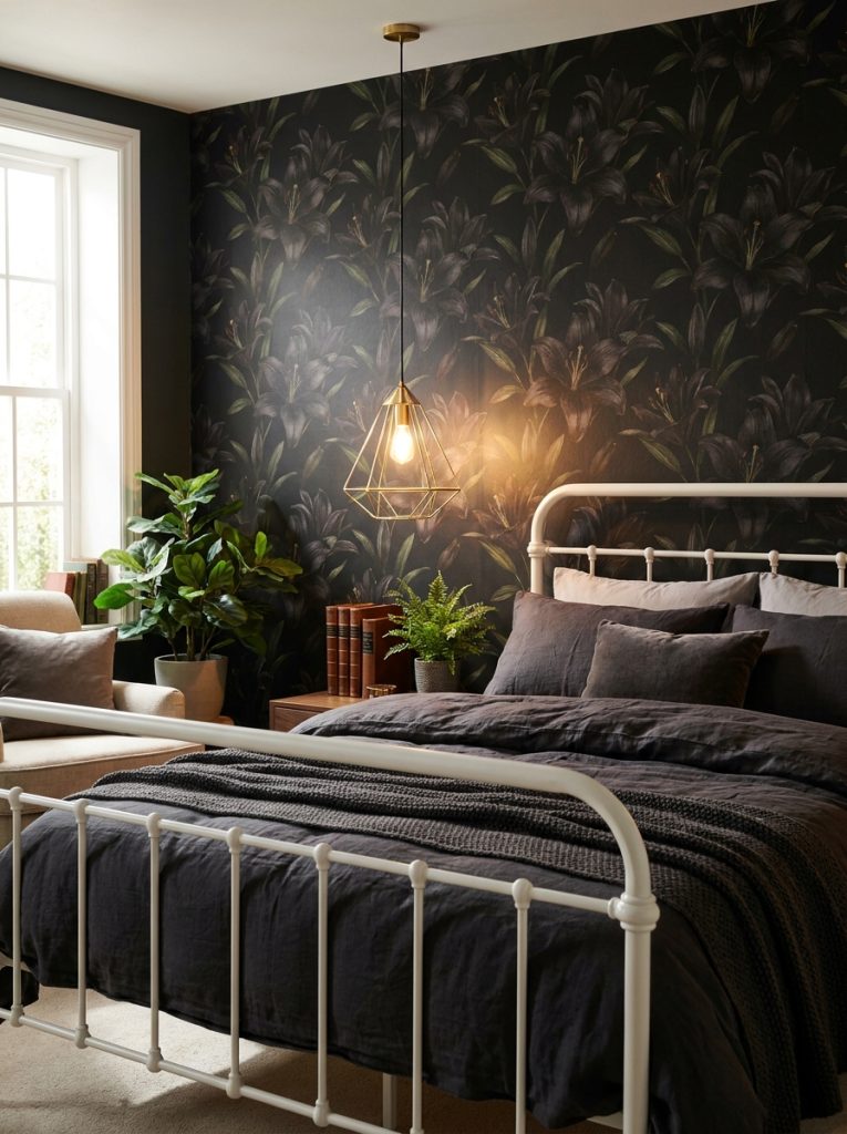 Dramatic moody bedroom with black lilies wallpaper white bed frame charcoal bedding and warm gold pendant light.