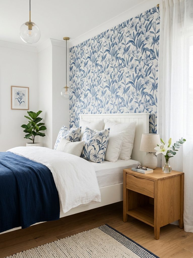 Calm beautiful bedroom with blue lilies wallpaper white bed navy white bedding natural wood bedside table and lamp