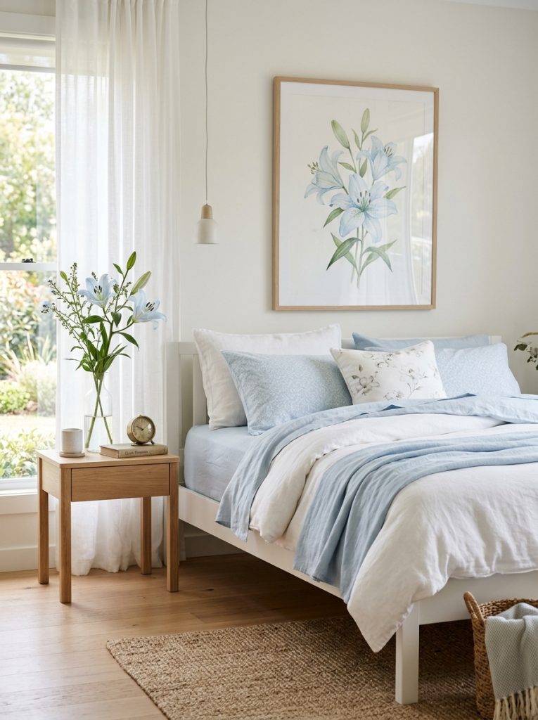 Soft airy bedroom with light blue lilies decor white bed pale blue bedding lily stem glass vase and sheer white curtains
