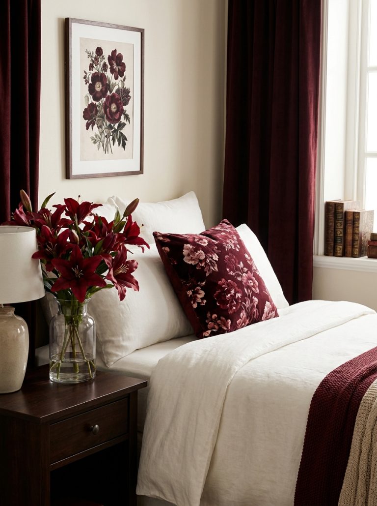 Beautiful bedroom with dark red lilies decor floral pillow botanical print and red lily bouquet in vase