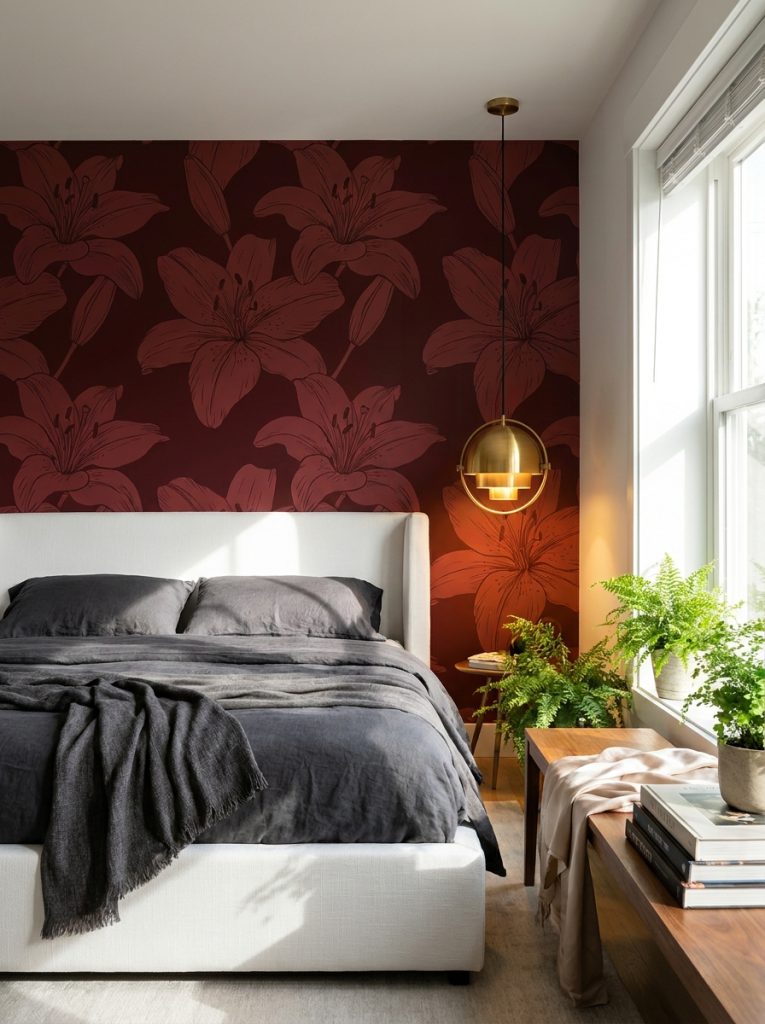  Dramatic bedroom with dark red lilies wallpaper white bed charcoal bedding warm gold pendant light