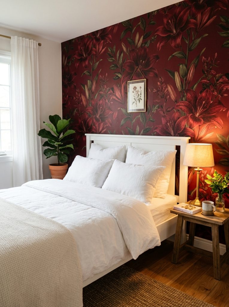  Dramatic bedroom with dark red lilies wallpaper white bed frame white bedding and warm golden bedside lamp.