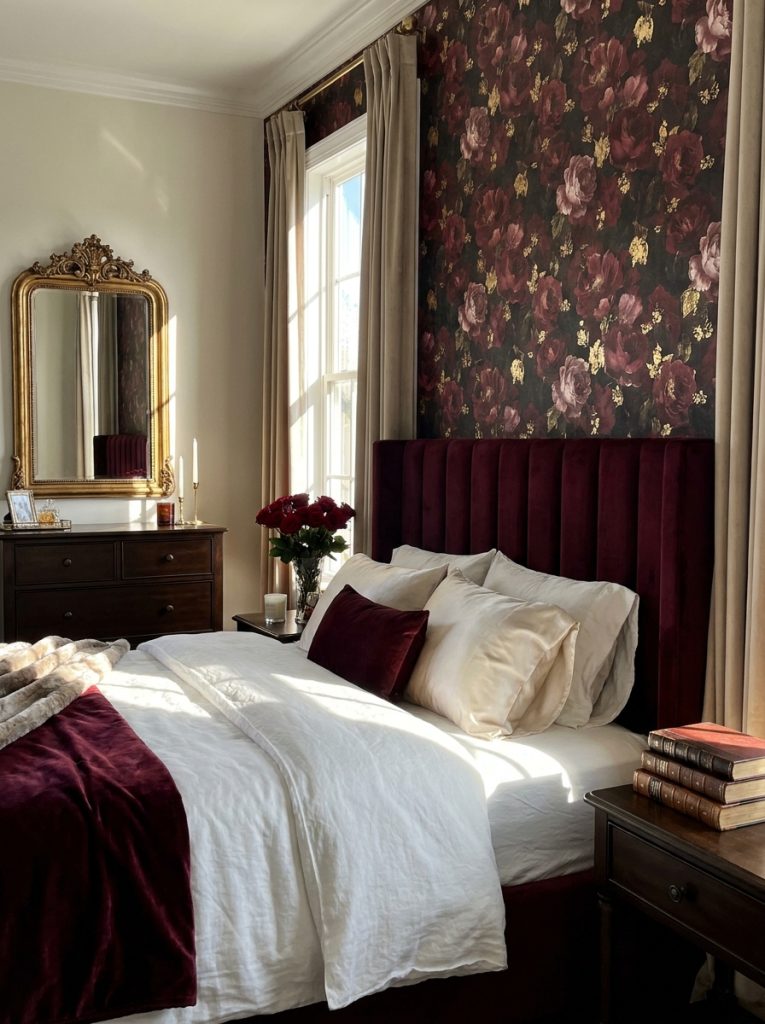 Rich dramatic bedroom with dark red floral wallpaper burgundy velvet headboard white bedding and gold mirror.
