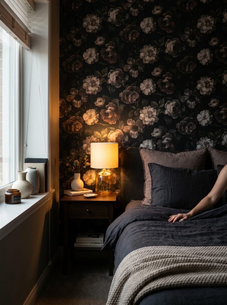 Moody beautifully styled bedroom with dark floral wallpaper charcoal bedding warm bedside lamp rich dark aesthetic.