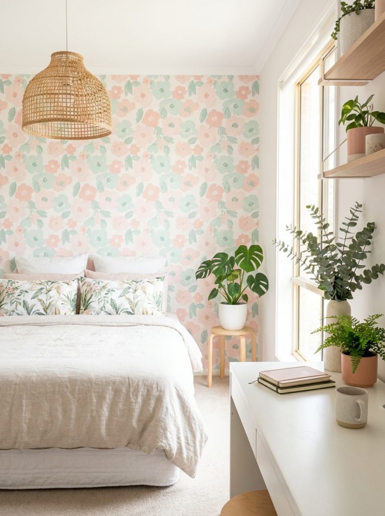 Beautiful aesthetic bedroom with soft pastel floral wallpaper minimal white desk small plant and rattan pendant light.