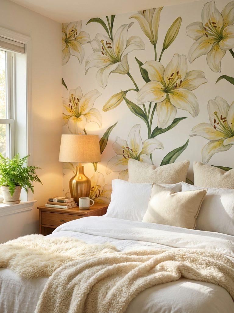 Beautiful bedroom with stunning lilies wallpaper accent wall white bedding cushions and warm bedside lamp.