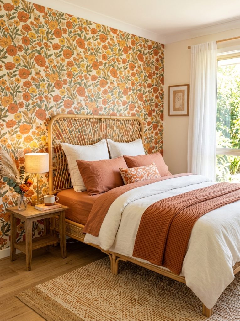 Beautiful warm bedroom with orange floral wallpaper rattan bed frame terracotta white bedding wooden nightstand lamp